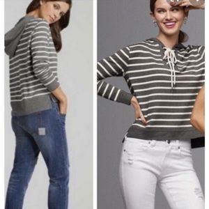 Cabi Windward Striped Hooded Sweatshirt Top Gray White 5324